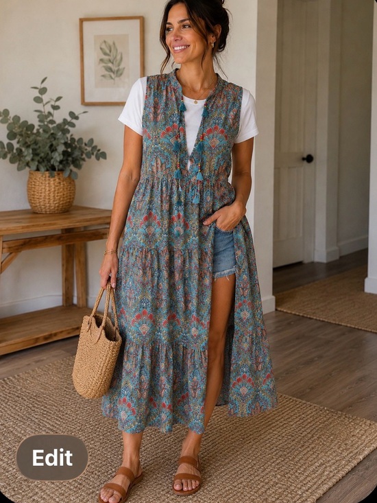 Dresses & Skirts - Boho Tiered Maxi Tunic  - Teal Floral